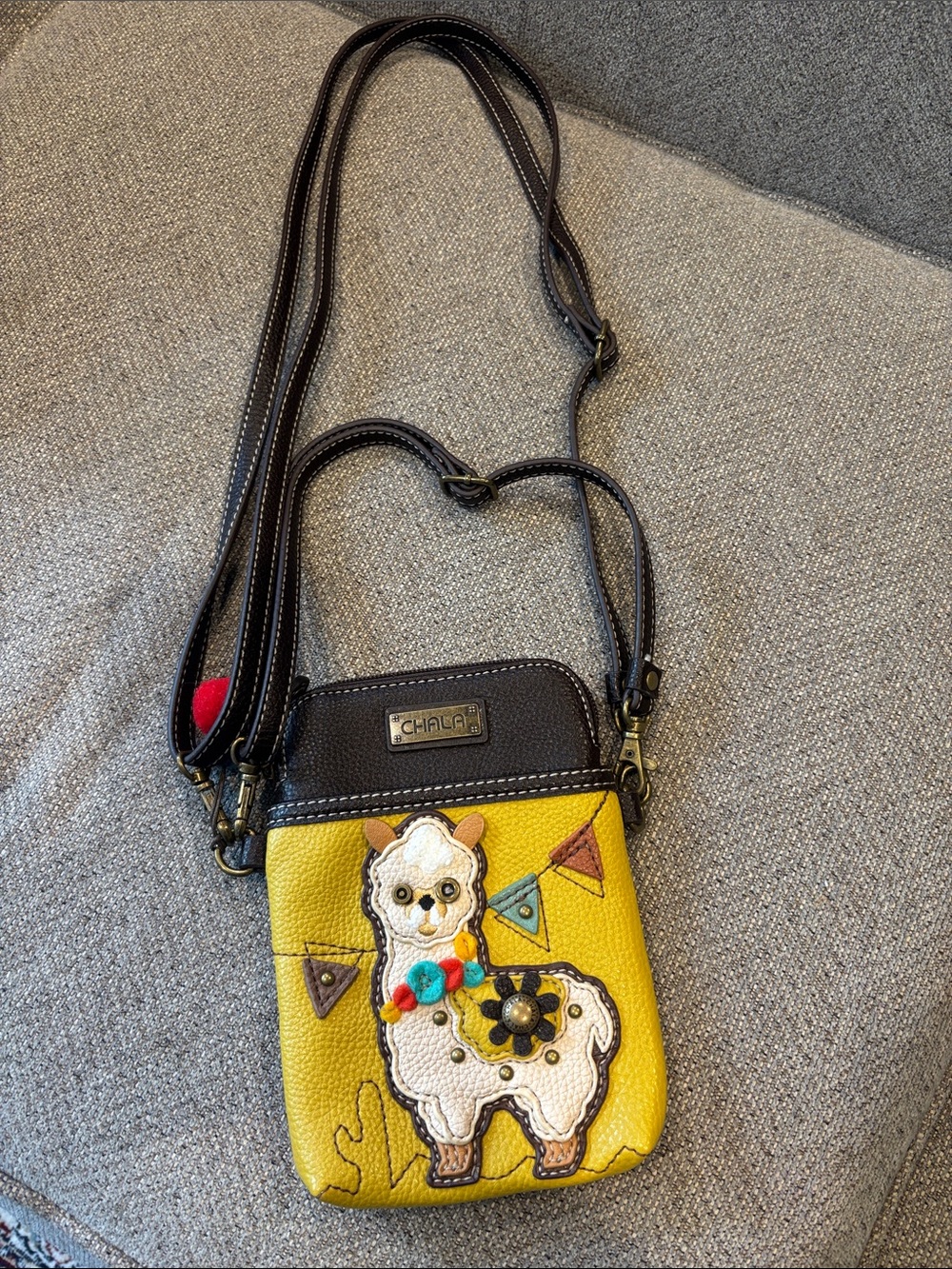 Chala Yellow Alpaca Applique Crossbody Bag with Brown Trim